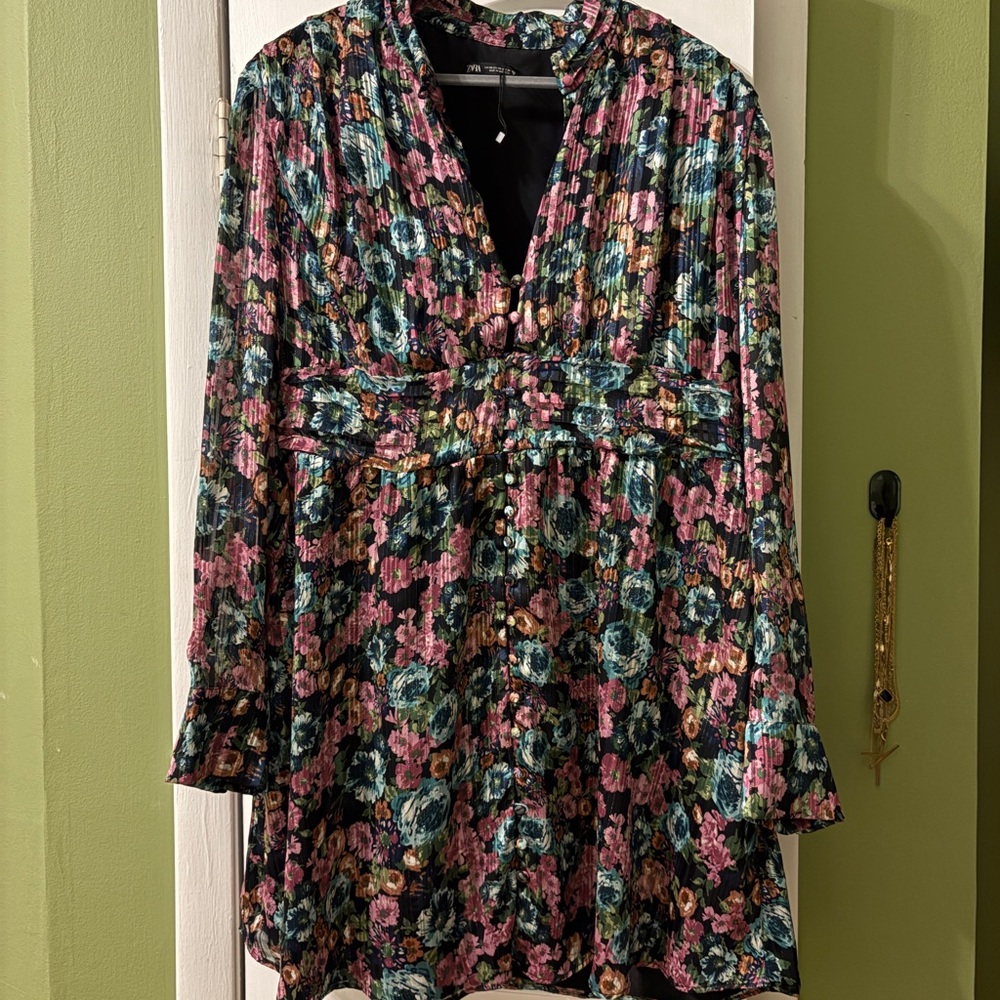 Zara Long Sleeve Floral Dress in Black, Pink, Teal, Gold